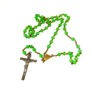 Vintage Green Rosary Beads With Metal Crucifix & Virgin Mary Centerpiece